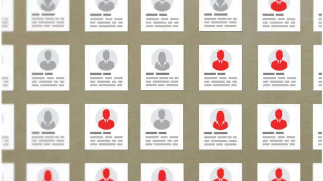 A chart of faces with some marked in red